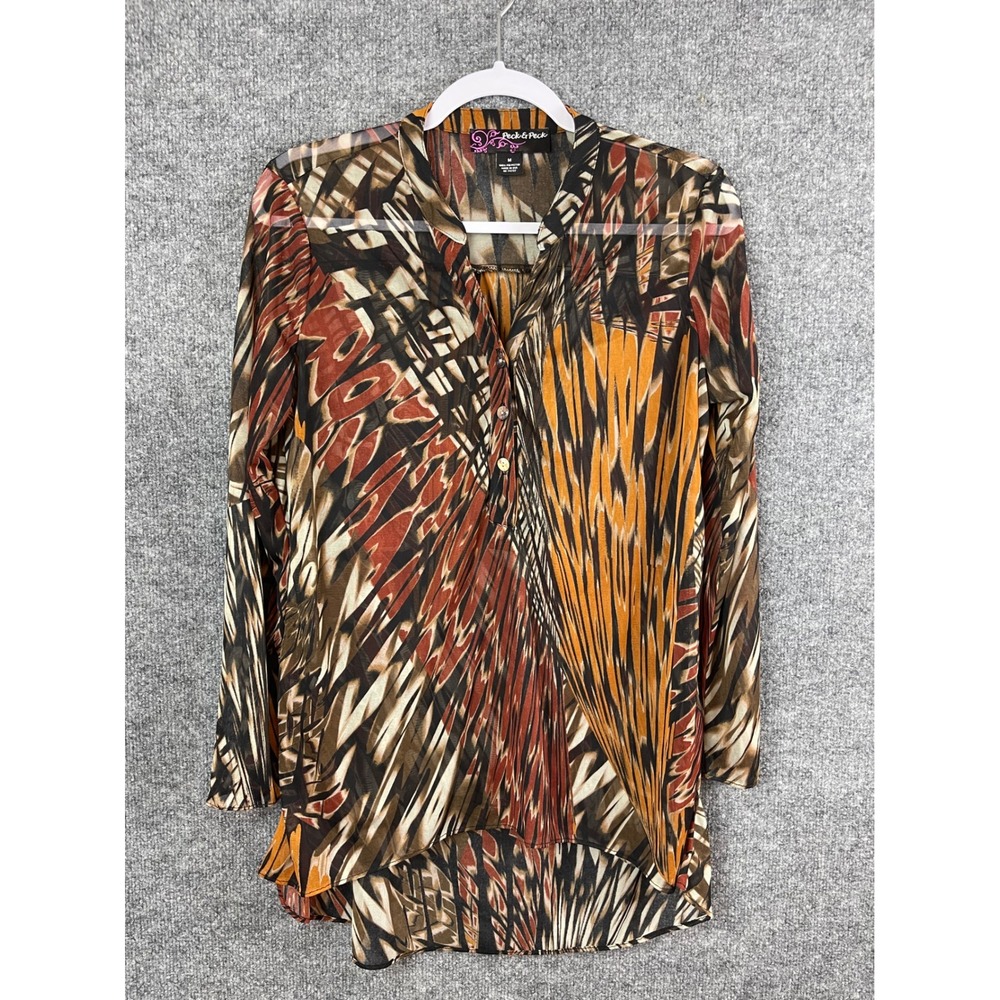 Peck & Peck Tunic Blouse Womens Medium Orange Abstract Mesh Excellent High Low